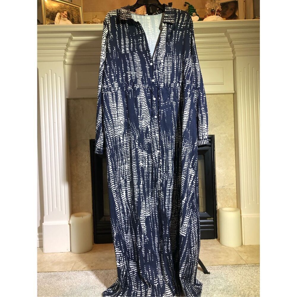 Women’s Navy Blue and White Long Sleeve Collared Button Up Draw Strip Waist Dres